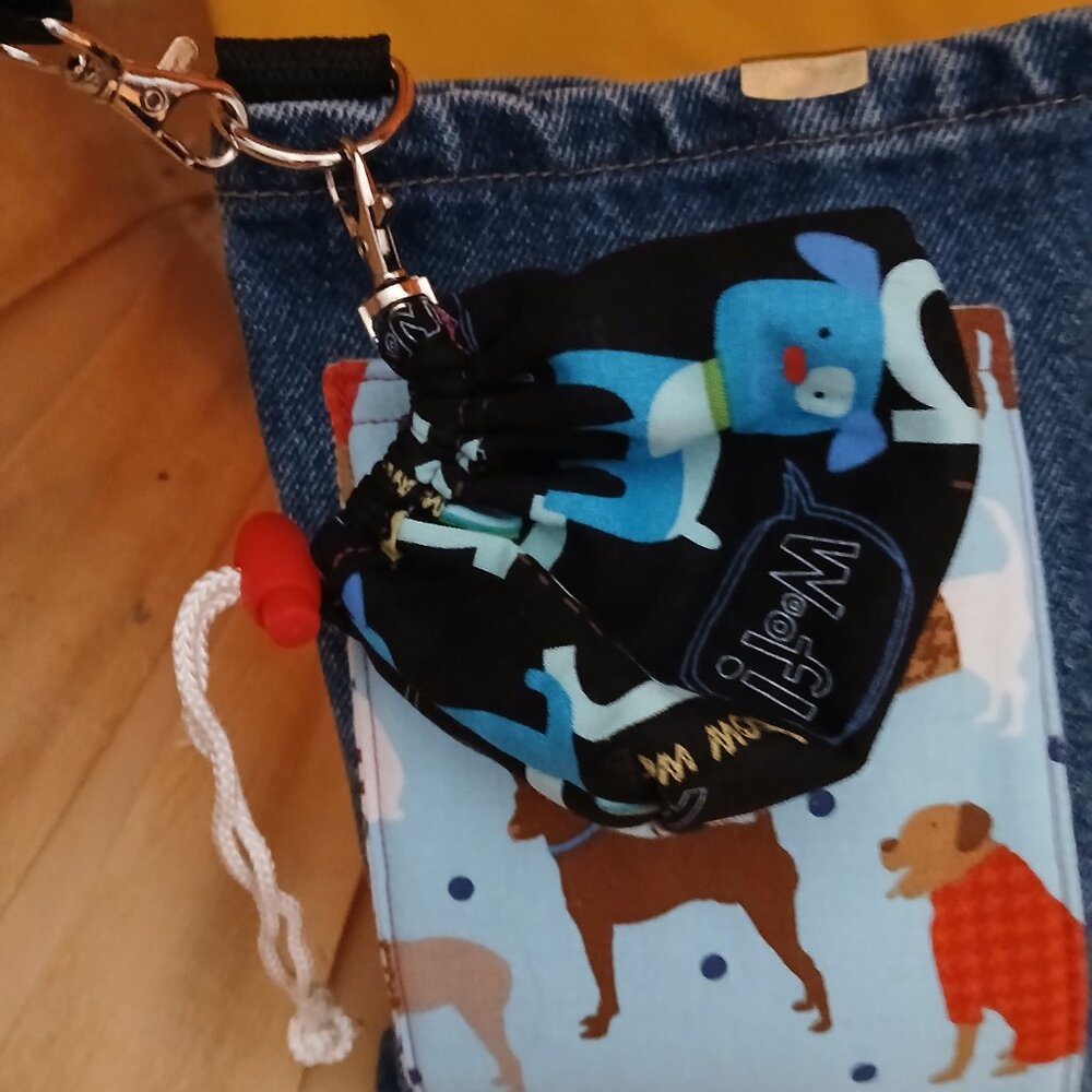 DENIM DOGGY WALKING, WATER BOTTLE, DOGGY POOP BAGS, WITH TREAT HOLDER - Picture 3 of 4